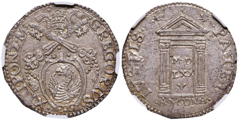 Gregorio XIII (1572-1585) Ancona - Testone 1575 Anno Santo - Munt. 185 AG In sla...