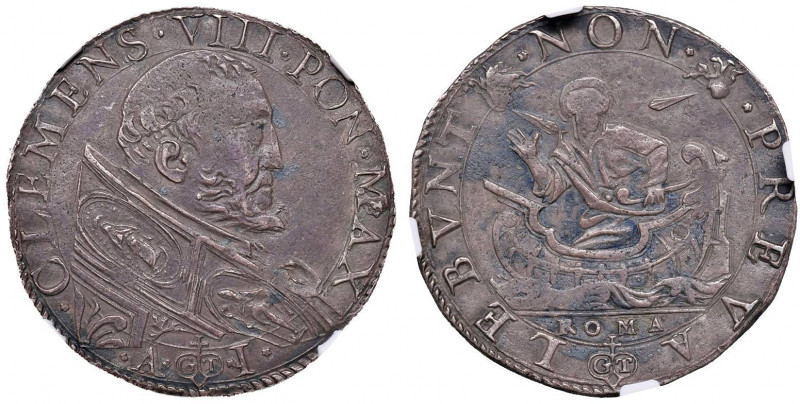 Clemente VIII (1592-1605) Testone A. I - Munt. 23 AG (g 9,41) RRR In slab NGC AU...