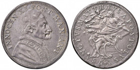 Innocenzo XI (1676-1689) Piastra A. I - Munt. 40 AG (g 31,43) RRR Da montatura. &Egrave; la rarissima piastra battuta con i conii di Girolamo Lucenti,...