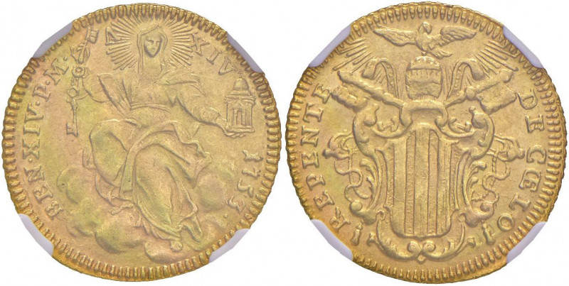 Benedetto XIV (1740-1758) Zecchino 1753 A. XIV - Munt. 19d AU RRR In slab NGC AU...