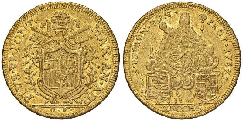 Pio VI (1774-1799) Bologna - 5 Zecchini 1787 A. XIII - Munt. 162 AU (g 17,07) RR...