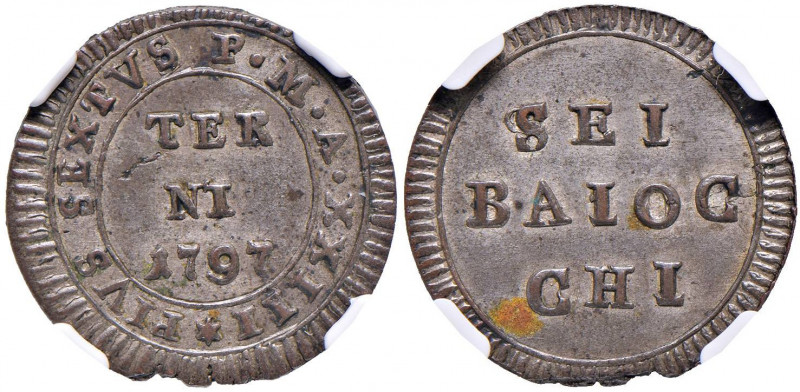 Pio VI (1774-1799) Terni - 6 Baiocchi 1797 A. XXIII - Munt. 420 MI RRR In slab N...