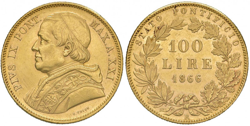 Pio IX (1846-1870) Monetazione decimale - 100 Lire 1866 A. XXI - Nomisma 617 AU ...