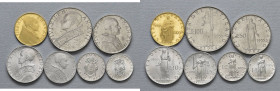 Pio XII (1939-1958) Divisionale 1955 A. XVII: 100 Lire in oro, 100, 50, 10, 5, 2 e una Lira - Nomisma 970 - AU, AC, IT RR Sette valori. Ottima qualità...