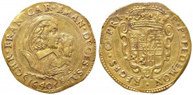 Carlo Emanuele II (reggenza della madre, 1638-1648) Quadrupla 1640 - MIR (nuova edizione) 847b AU (g 13,32) RRR Sigillato qSPL da Cavaliere F.
qSPL