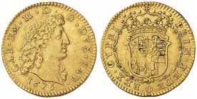 Carlo Emanuele II (1638-1675) Doppia 1675 - MIR (nuova edizione) 914 AU (g 6,63) RR Modesti depositi al R/ 
BB/BB+
