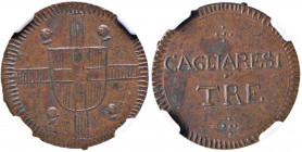 Vittorio Emanuele I (1814-1821) Monetazione per la Sardegna - 3 Cagliaresi (1813) - Nomisma 505 (indicato R/3) CU RRR In slab NGC MS63BN 5887105-055. ...