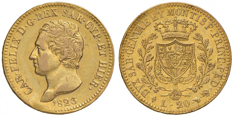 Carlo Felice (1821-1831) 20 Lire 1823 T - Nomisma 541 AU Colpi al bordo, Difetto...