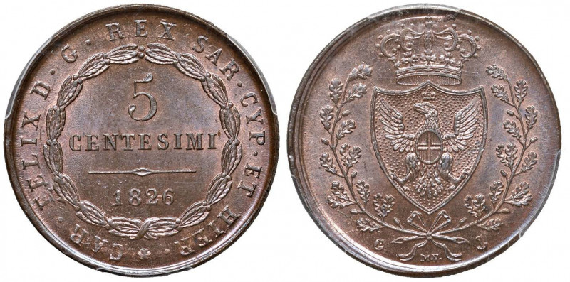 Carlo Felice (1821-1831) 5 Centesimi 1826 G (P) - Nomisma 614 CU In slab PCGS MS...