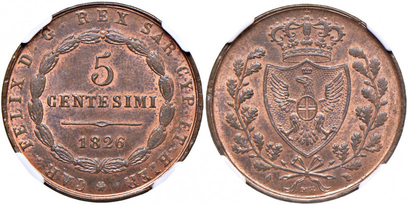 Carlo Felice (1821-1831) 5 Centesimi 1826 T L - Nomisma 615 CU In slab NGC MS64R...