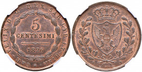 Carlo Felice (1821-1831) 5 Centesimi 1826 T L - Nomisma 615 CU In slab NGC MS64RB 1526476-006. Conservazione eccezionale in rame rosso
FDC