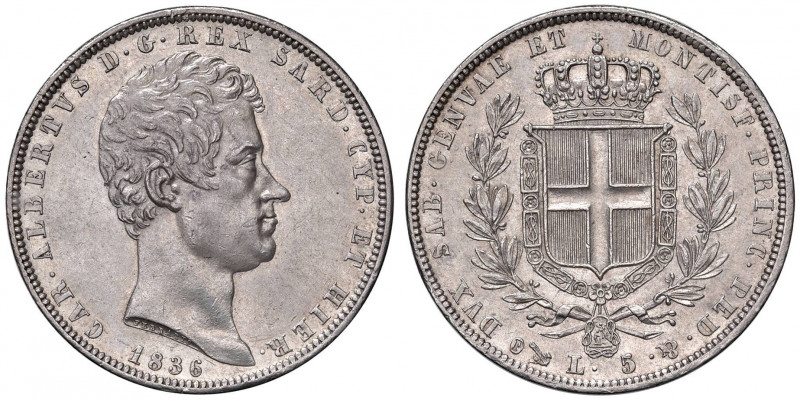 Carlo Alberto (1831-1849) 5 Lire 1836 G - Nomisma 684; Pag. 239 AG
 SPL/SPL+