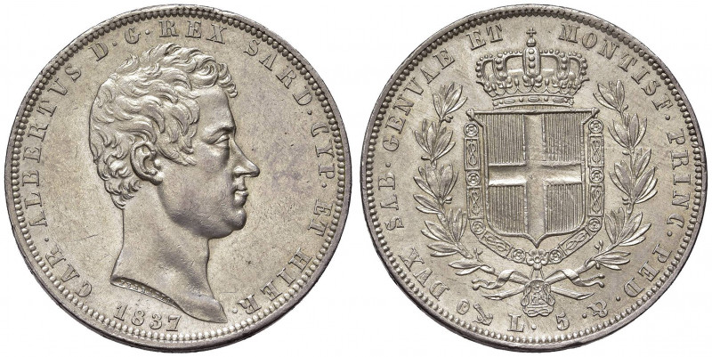 Carlo Alberto (1831-1849) 5 Lire 1837 G - Nomisma 686 AG Minimi graffietti nel c...