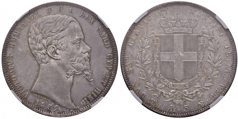 Vittorio Emanuele II (1849-1861) 5 Lire 1859 G - Nomisma 788 AG R In slab NGC MS...