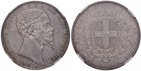 Vittorio Emanuele II (1849-1861) 5 Lire 1859 G - Nomisma 788 AG R In slab NGC MS62 5887104-013. Conservazione eccezionale 
FDC