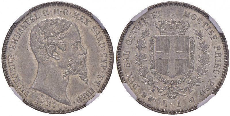 Vittorio Emanuele II (1849-1861) Lira 1857 T - Nomisma 806 AG R In slab NGC MS64...