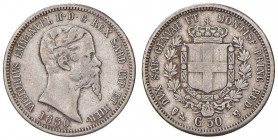 Vittorio Emanuele II (1849-1861) 50 Centesimi 1850 G - Nomisma 812 AG RRRRR Una delle massime rarità per la monetazione del Regno di Sardegna, indicat...