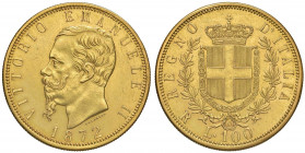 Vittorio Emanuele II (1861-1878) 100 Lire 1872 R - Nomisma 844 AU RR Tiratura di 661 esemplari. Graffietti al D/ e al R/ sullo stemma 
SPL/SPL+