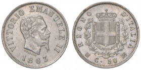 Vittorio Emanuele II (1861-1878) 50 Centesimi 1863 M valore - Nomisma 925 AG 
SPL+/qFDC