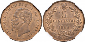 Vittorio Emanuele II (1861-1878) 5 Centesimi 1862 N - Nomisma 956 CU In slab NGC MS 63 RB
FDC