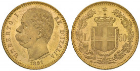 Umberto I (1878-1900) 50 Lire 1891 - Nomisma 977 AU RRR Colpo al ciglio del R/ e segnetti da contatto
SPL+/qFDC
