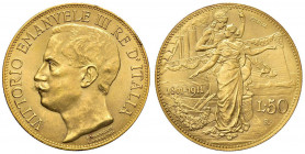 Vittorio Emanuele III (1900-1946) 50 Lire 1911 Prova scritta in verticale al margine - Nomisma P9; Luppino PP125 AU (g 16,10) RRRR Colpetto al ciglio ...