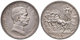 Vittorio Emanuele III (1900-1946) 5 Lire 1914 - Nomisma 1130 AG RR Colpetti al bordo 
SPL