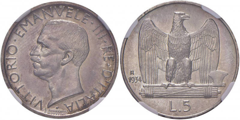 Vittorio Emanuele III (1900-1946) 5 Lire 1934 - Nomisma 1142 AG RRR Tiratura di ...