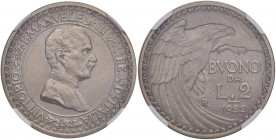 Vittorio Emanuele III (1900-1946) Buono da 2 Lire 1922 Prova tecnica, M a sinistra - P.P. 246 NI RR In slab NGC MS64+ 5887104-002 
FDC