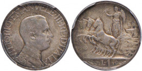 Vittorio Emanuele III (1900-1946) Lira 1907 Progetto - P.P. 255 AG RRRR Questo pezzo rappresenta la prima prova eseguita dalla Regia Zecca con i model...