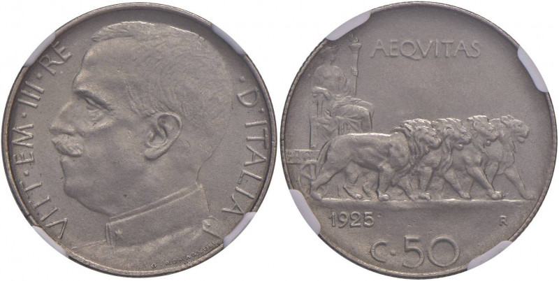 Vittorio Emanuele III (1900-1946) 50 Centesimi 1925 R - Nomisma 1242 NI In slab ...