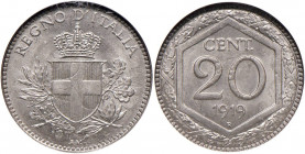 Vittorio Emanuele III (1900-1946) 20 Centesimi 1919 Esagono Bordo rigato - Nomisma 1292 NI In slab NGC MS64 cod. 2750847-011
FDC