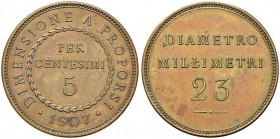 Vittorio Emanuele III (1900-1946) Dimensione a proporsi per 5 Centesimi 1907 - P.P. 357; Luppino PPSJ110 CU (g 4,18) RRR 
FDC