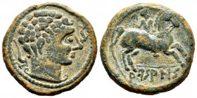 Arsaos. As. 120-80 a.C. Zona de Navarra. (Abh-144). (Acip-1644). Anv.: Cabeza masculina barbada a derecha, detrás arado, delante delfín. Rev.: Jinete ...