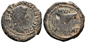 Cascantum. Época de Tiberio. Semis. 14-36 d.C. Cascante (Navarra). (Abh-692). Anv.: Cabeza laureada de Tiberio a derecha, alrededor TI. CAESAR. DIVI. ...