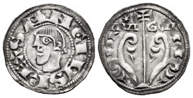 Reino de Navarra y Aragón. Sancho Ramírez (1063-1094). Dinero. Jaca (Huesca). (Cru-195.6). Anv.: SANCIVS REX. Rev.: ARA-GON. Ve. 0,95 g. Estrella de 6...