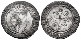 Fernando II (1479-1516). 1 real. Pamplona. (Cal-69). Anv.: FERNANDVS : D : G : R : NAV. Rev.: F en 2º y 3º cuartel. Con 3 roeles junto a cada brazo de...