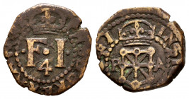 Felipe IV (1621-1665). 4 cornados. 1641. Pamplona. (Cal-82 var). (Ros-4.5.20/1). Anv.: PHSDGREXNAV ..... Rev.: INSI .... 41. Ae. 1,93 g. Módulo pequeñ...