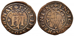 Felipe IV (1621-1665). 4 cornados. Pamplona. (Cal-72, mismo ejemplar). (Ros-4.5.24 var). Anv.: FI acotadas por roeles. + PHILIPVS ◦ D ◦ G ◦ R ◦ NAV. R...