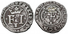 Felipe IV (1621-1665). 8 cornados. Pamplona. (Cal-84). (Ros-4.5.28 var). Anv.: FI acotadas por roeles, valor 8 entre ambas superado por punto. + PHILI...