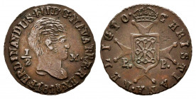 Fernando VII (1808-1833). 1/2 maravedí. 1818. Pamplona. (Cal-25). (Ros-4.11.32). Ae. 0,92 g. Busto desnudo. Conserva etiqueta del coleccionista. Muy r...