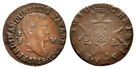 Fernando VII (1808-1833). 1/2 maravedí. 1818. Pamplona. (Cal-26). (Ros-4.11.33). Ae. 0,90 g. Busto laureado. Conserva etiqueta del coleccionista. Muy ...