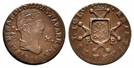 Fernando VII (1808-1833). 1/2 maravedí. 1819/8. Pamplona. (Cal-no cita). (Ros-4.11.33 var). Ae. 1,07 g. Rarísima sobrefecha. Busto laureado con nariz ...