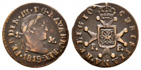 Fernando VII (1808-1833). 1 maravedí. 1819. Pamplona. (Cal-33). (Ros-4.11.23/1). Ae. 1,98 g. Busto laureado, cinta con bifurcación menos pronunciada y...