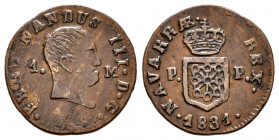 Fernando VII (1808-1833). 1 maravedí. 1831. Pamplona. (Cal-40). (Ros-4.11.29). Ae. 2,09 g. Busto desnudo. MBC+. Est...50,00. 


 ENGLISH DESCRIPTIO...