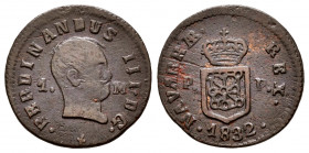 Fernando VII (1808-1833). 1 maravedí. 1832. Pamplona. (Cal-41). (Ros-4.11.30). Ae. 2,25 g. Busto desnudo. Falta en la mayoría de las colecciones. Muy ...