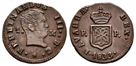 Fernando VII (1808-1833). 1 maravedí. 1833. Pamplona. (Cal-42). (Ros-4.11.31). Ae. 2,01 g. Busto desnudo. Buen ejemplar. Escasa en esta conservación. ...