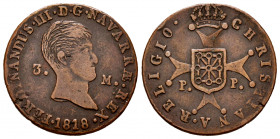 Fernando VII (1808-1833). 3 maravedís. 1818. Pamplona. (Cal-43). (Ros-4.11.10). Ae. 6,88 g. Busto desnudo. Punto entre D y G. Muy rara. MBC. Est...300...