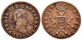 Fernando VII (1808-1833). 3 maravedís. 1820. Pamplona. (Cal-46 var). (Ros-4.11.13 var). Ae. 5,50 g. Busto laureado estrecho más estilizado con cintas ...