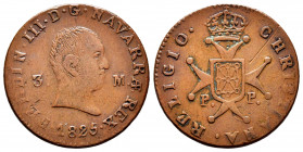Fernando VII (1808-1833). 3 maravedís. 1825. Pamplona. (Cal-48). (Ros-4.11.14). Ae. 5,94 g. Busto desnudo. Raya en reverso. MBC. Est...50,00. 


 E...
